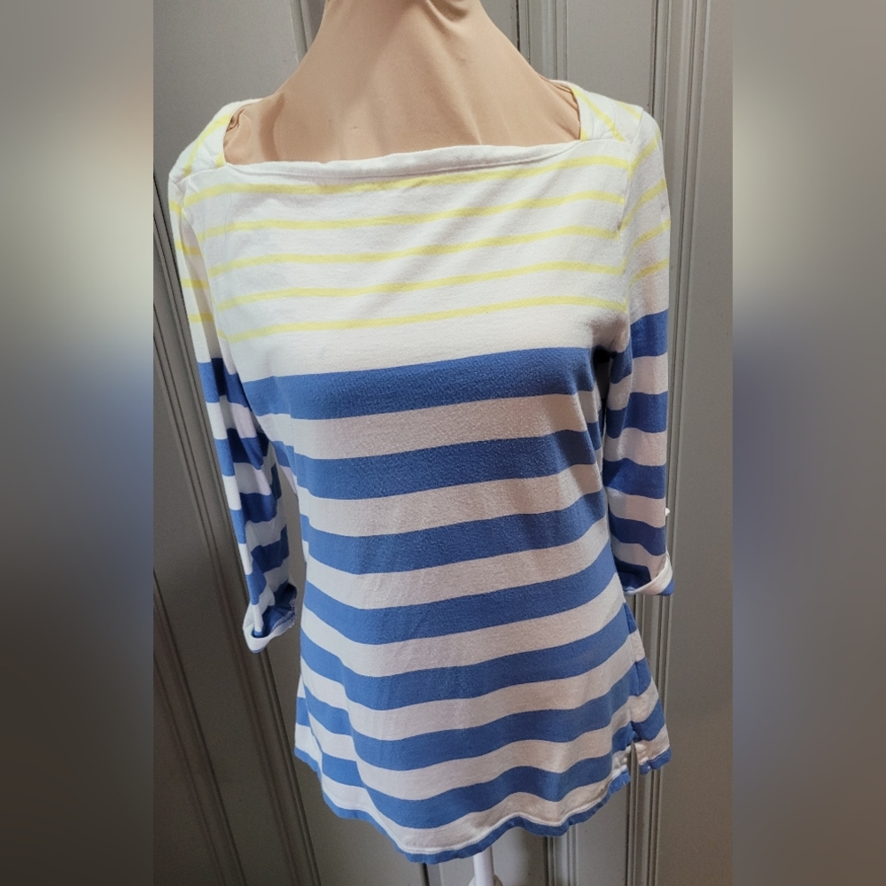Tommy Hilfiger Square Neck Blue Yellow White Stripe 3/4 Sleeve Top Size Medium